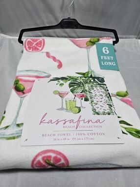 Kassafina White Cotton Beach Towel with Pink & Green Cocktail Print